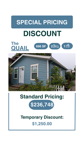 The Quail & Owl ADU Prefab modular for Santa Cruz California: Special Pricing.  Accessory Dwelling Unit CA.