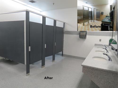 Refinsihing of tile floors, tile walls and vanities in commercial bathroom.
