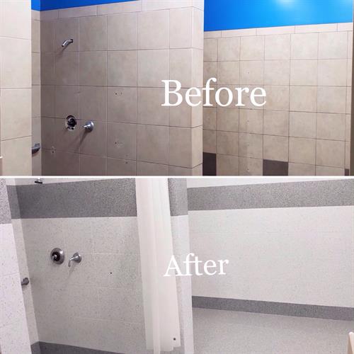 Tile shower refinish at commercial gym