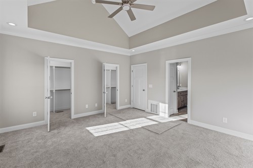 Master Bedroom with tray ceilings and his/her closets