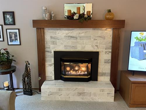 New custom Mattel and tile on fire place