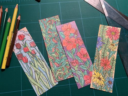 The shop features hand-drawn coloring pages by Aubrey Guynn. Bookmarks and greeting cards.