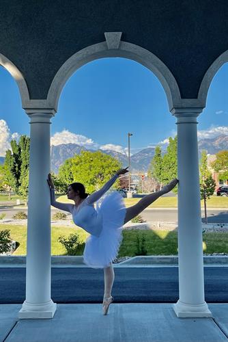 View of Wasatch mountains and a ballerina