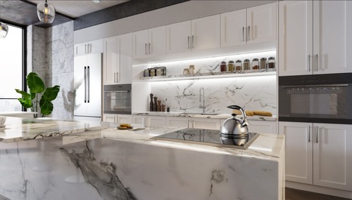 Modern waterfall quartz kitchen island and custom countertops installed by NW Granite & Flooring in Northwest Washington.