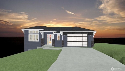 New construction single-story home design in Blaine, WA with modern exterior, large garage, and open floor plan.