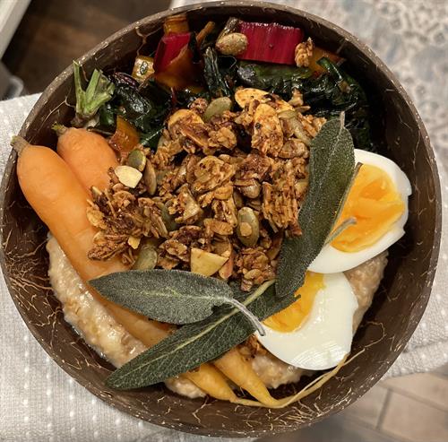 Savory Steel Cut Oat Bowl with Spicy Bloody Mary Grounded Granola 