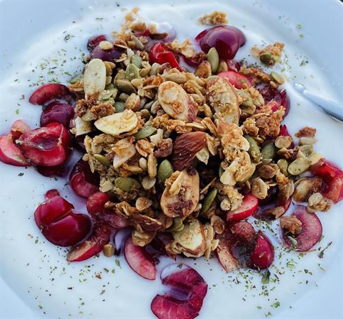 Spiced Grounded Granola on Yogurt with Fresh Cherries & Dried Mint