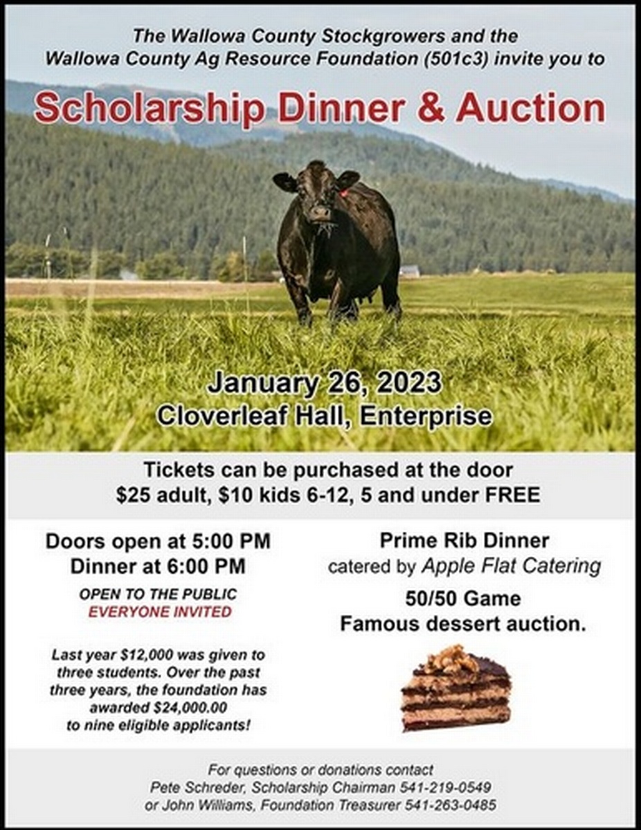 Annual Wallowa County Stockgrowers Scholarship Dinner Jan 26, 2023