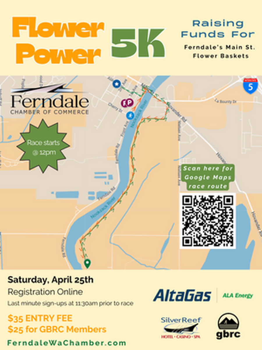 5k Flower Power Run in Ferndale, California, showcasing vibrant flower baskets along Main Street.