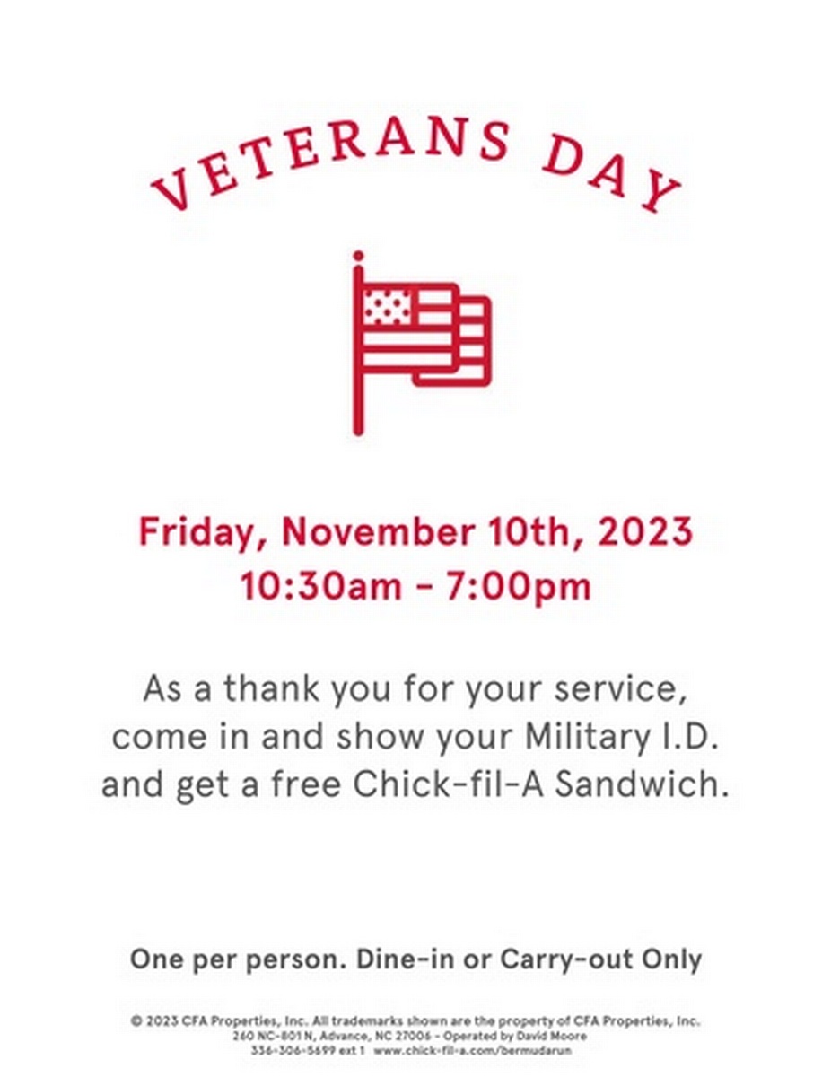 Veterans Day at ChickfilA Bermuda Run Nov 10, 2023 Davie County