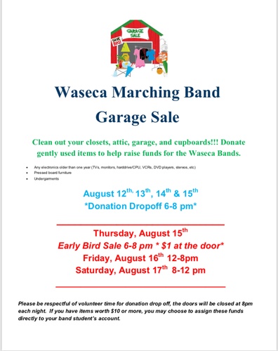 Waseca Marching Band Garage Sale Aug 15 2019 To Aug 17 2019