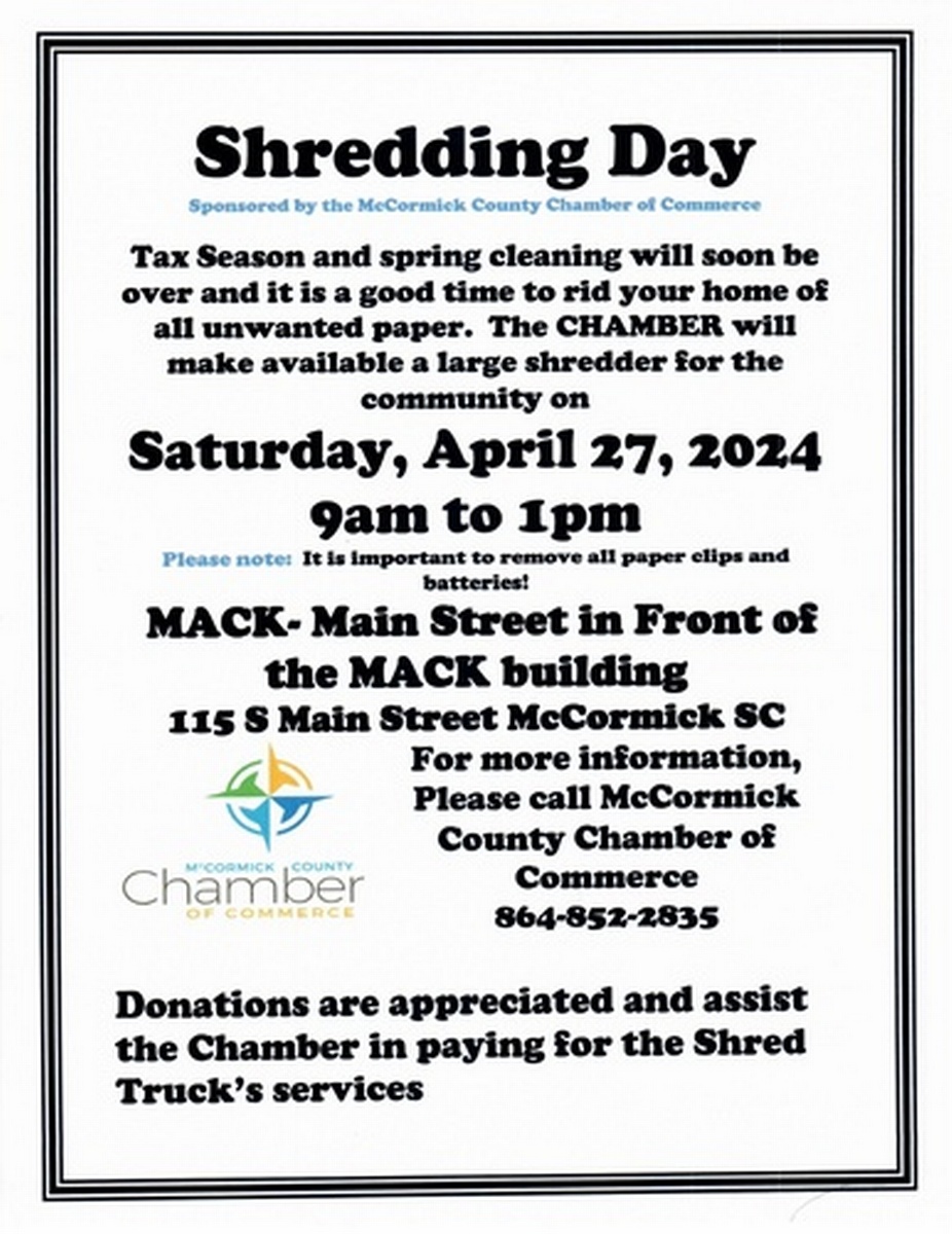 Shredding Day Sponsored by McCormick County Chamber of Commerce - Apr ...