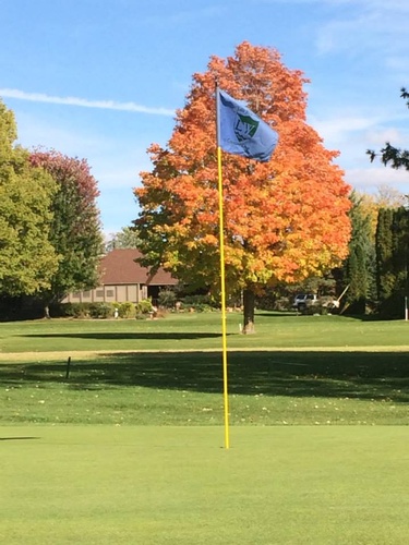View of golf course showing the flag at the hole