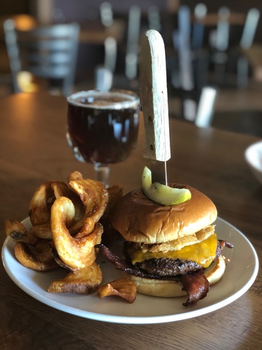 Bacon Cheeseburger, fries, and a beer at Vintage Brewing Co
