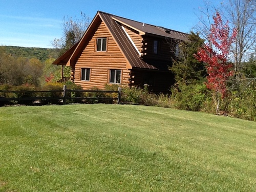 Outdoor view of log cabin from lawn