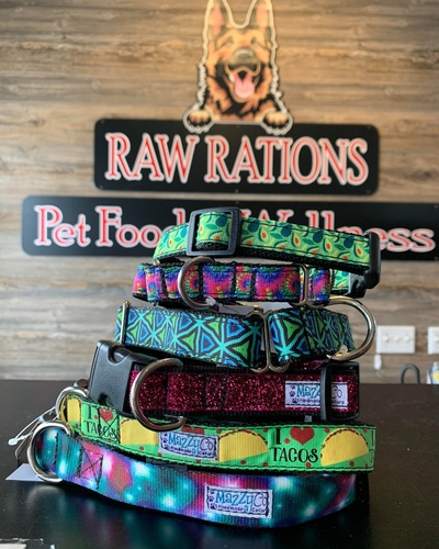 Raw Rations stack of collars on counter