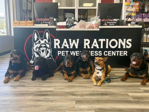 Raw Rations front counter with 6 dogs laying down