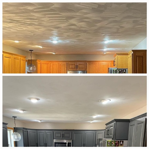 Before/After outdated ceiling and cabinets.