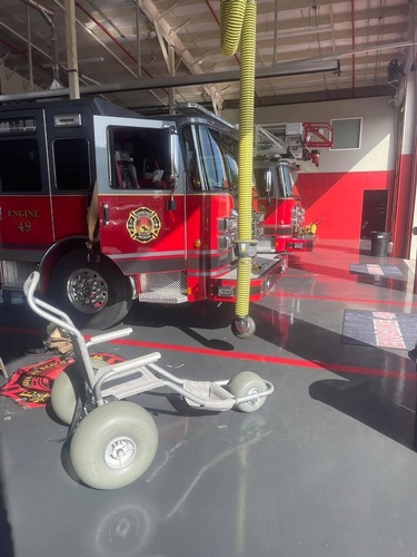 The Navarre Beach Fire Rescue has three  (3) Sand-rider beach wheel chairs that can be checked out for free at 1413 Utility Drive.   They are available 7 days a week: 9 am - 2 pm or 2 pm - 7 pm. They cannot be transported or reserved. They are available first come first serve, only the hours mentioned above. These are available thanks to Surfing's Evolution & Preservation Foundation.