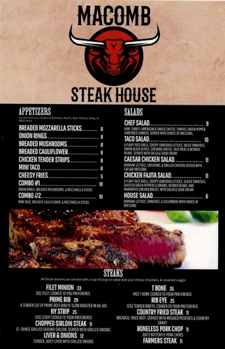 Macomb Steakhouse Dinner Menu Page 1