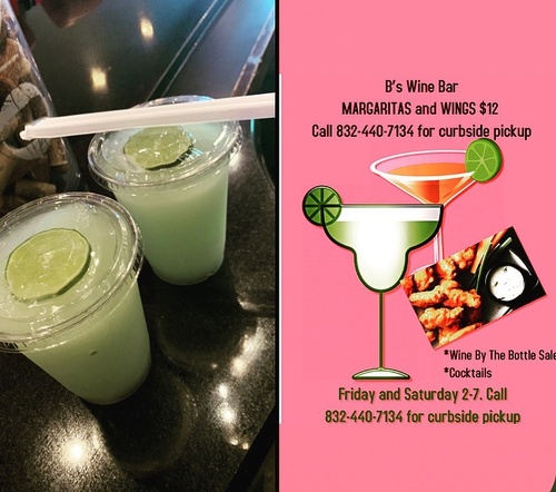 B's Wine Bar Ã??Ã?Â· March 28 Ã??Ã?Â·    Food and Deink to go! BÃ?Â¢??s Wine Bar is open for To Go - curbside pickup. Margaritas (frozen or on the rocks) and Wings.