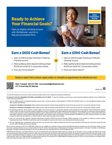 Current Old National Bank Promotion