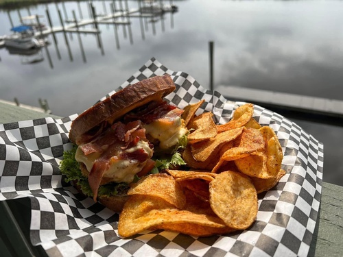 Crabcakes, lettuce, tomato, pickle, bacon, Gouda cheese all on rye bread with your choice of fries or house-made BBQ chips! Sure to not disappoint!