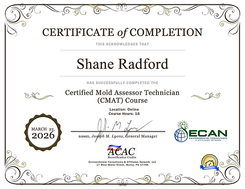Certificate of Completion - Certified Mold Assessor Technician