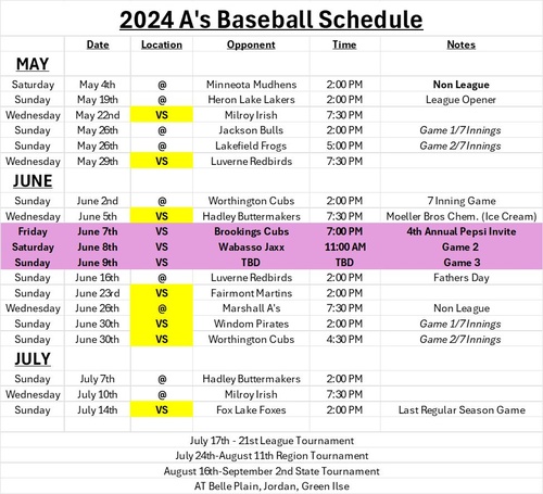 2024 A's Schedule (as of March 12, 2024)