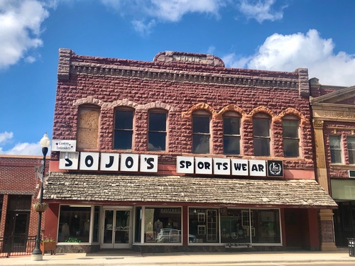 SoJo's Sportswear & Embroidery storefront at 115 W Main Street in Historic Downtown Pipestone