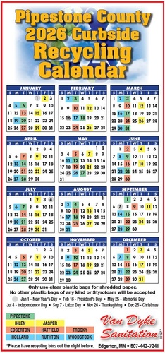 2026 Recycling Schedule/Calendar for Pipestone County