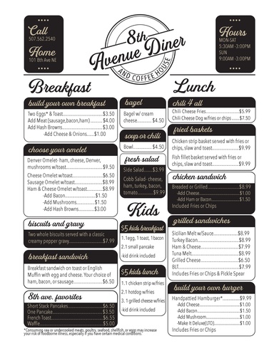 Menu at 8th Ave Diner and Coffee House as of May 13, 2022