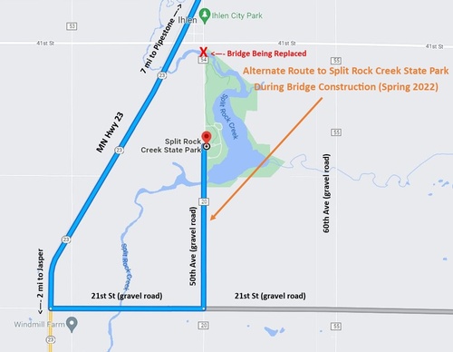 Alternate Route to Split Rock Creek State Park during Bridge Replacement Spring 2022
