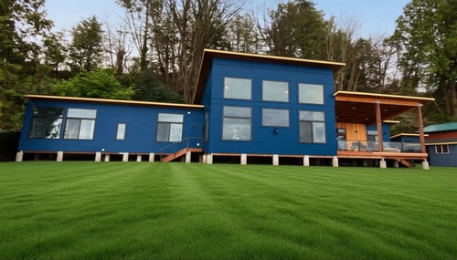 Modern custom home with blue exterior siding, large windows, and covered outdoor living space built in Washington.