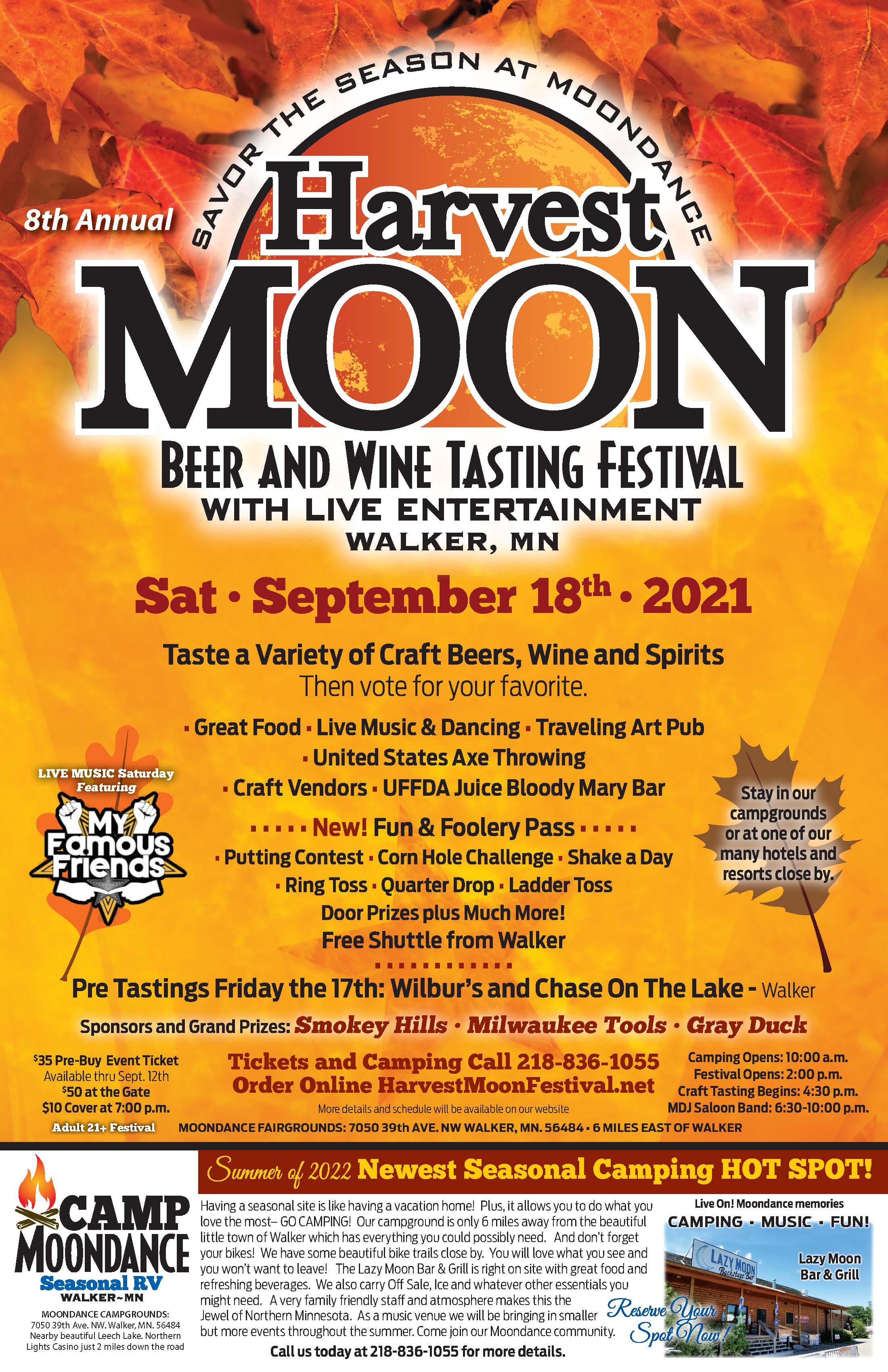 May be an image of text that says 'SEASON SEASON THE Haryast AT MOON SANIDR BEER AND TASTING FESTIVAL WITH LIVE WINE ENTERTAINMENT WALKER MN A TM MOONDANCE FALL FUN! OVER 150 BEERS &\; WINES LIVE MUSIC! MY Famous Friends SEPT 18'